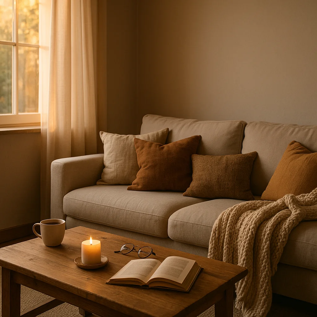 Φιλόξενο καθιστικό με ζεστό φωτισμό και φυσικά υφάσματα τάσεις διακόσμησης 2025